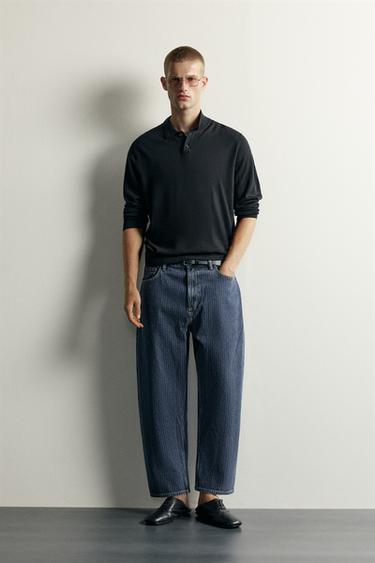 STRIPED TAPERED WIDE-LEG JEANS - Blue/White by Zara