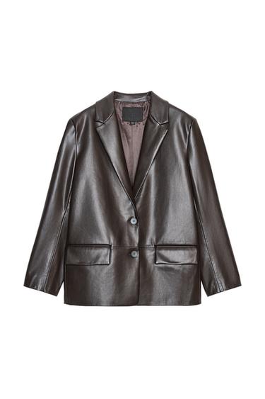 Front view of a brown blazer with a notched lapel, long sleeves, front flap pockets and button fastening.