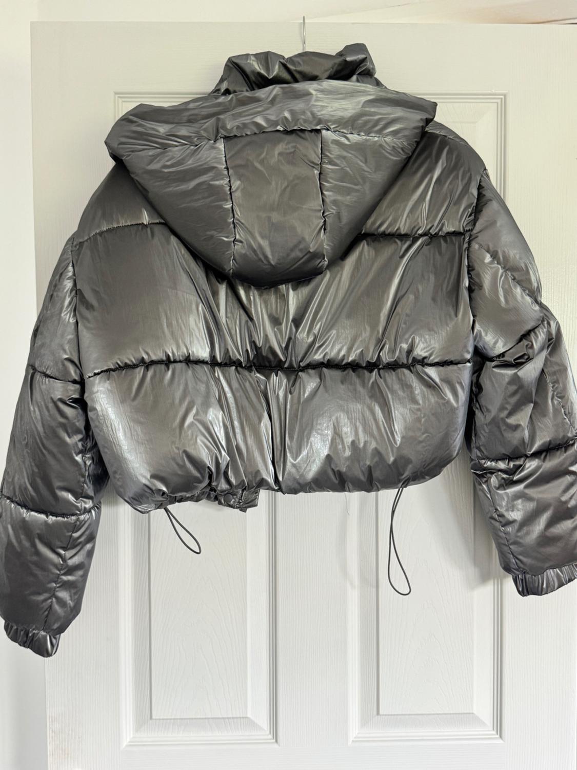 Metallic grey hooded puffer jacket, hung on a white door. Short, shiny design.