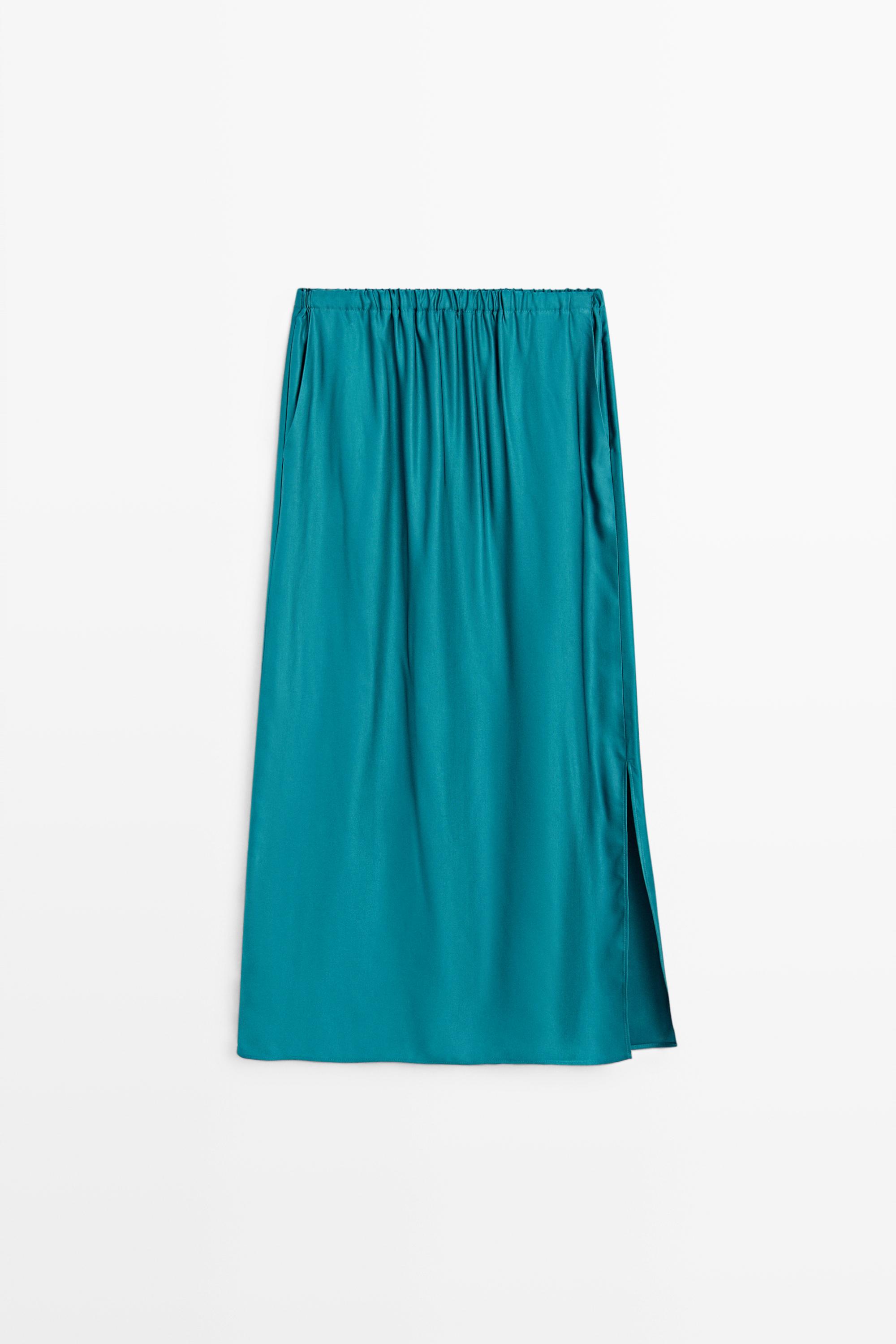 Satin midi skirt with pockets — Blue
