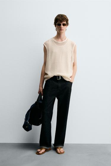 Zara CROCHET TEXTURED T-SHIRT - Ecru
