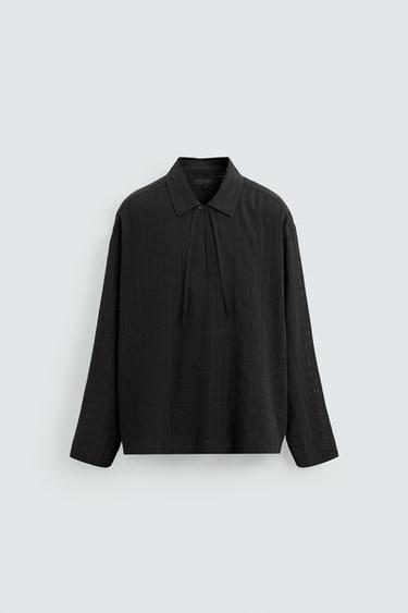 Zara TEXTURED SEMI-SHEER POLO SHIRT - Black - Image 0