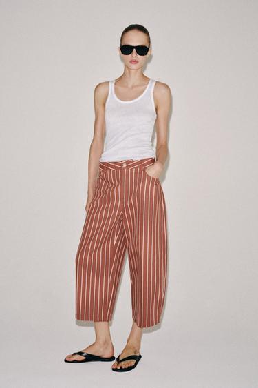 Zara ZW COLLECTION CROPPED STRIPED TROUSERS - Maroon