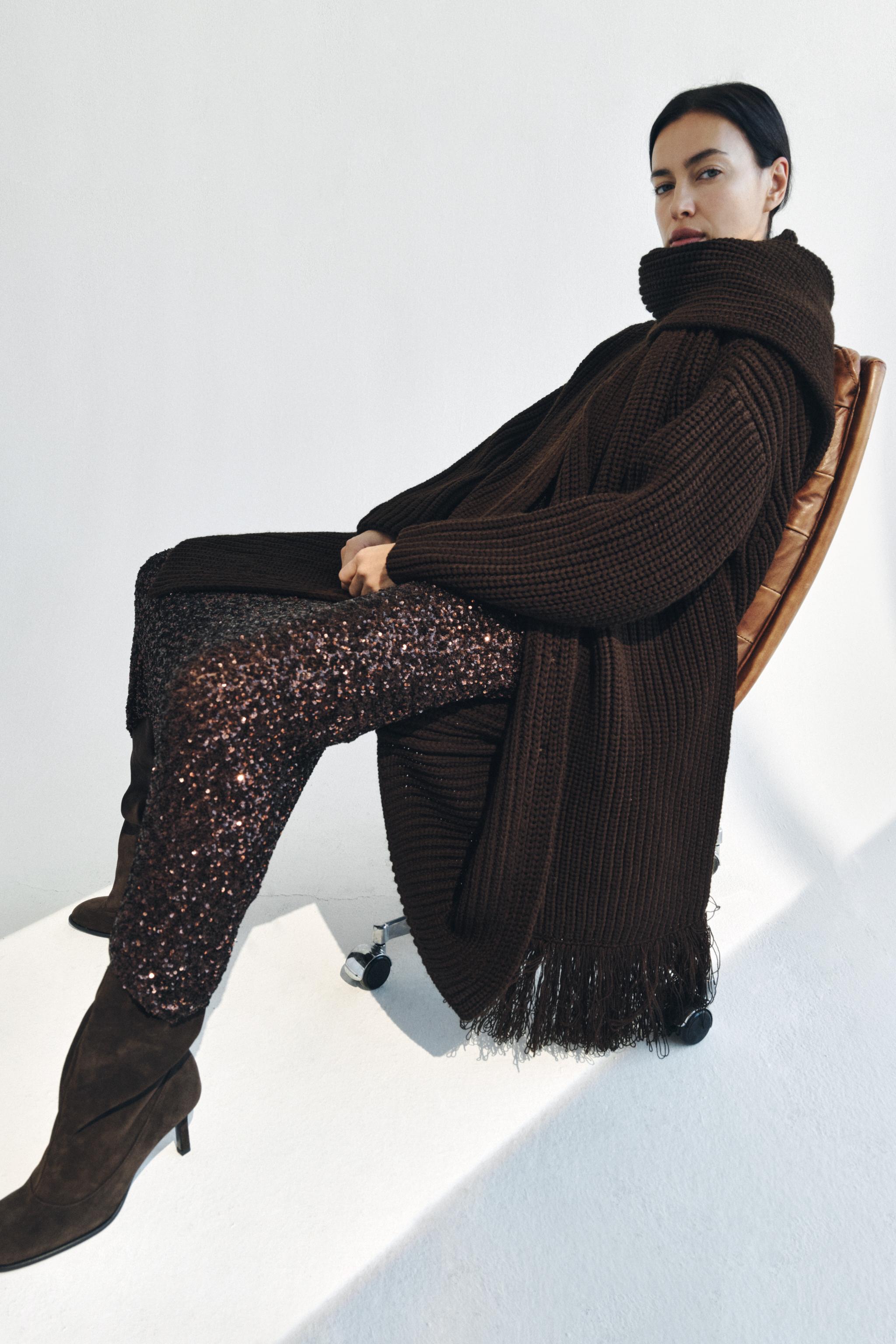 LONG KNIT COAT WITH SCARF - Brown | ZARA India LONG KNIT COAT WITH SCARF - Brown | ZARA India