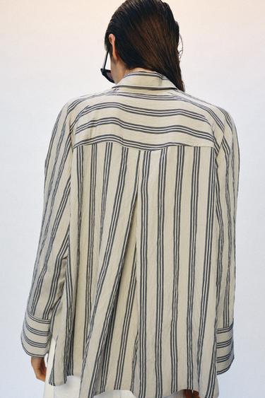 ZW COLLECTION OVERSIZE STRIPED SHIRT - Beige / Navy by Zara - Image 3