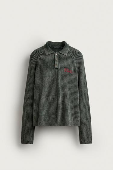EMBROIDERED ZIP-UP KNIT POLO — Green 1