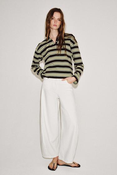 STRIPED LONG SLEEVE POLO SHIRT - Brown-Blue by Zara - Image 4