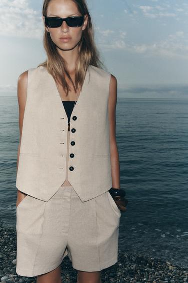 BERMUDA TAILLE HAUTE AVEC LIN - Beige clair de Zara - Image 3