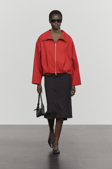 Zara Cotton blend gathered bomber jacket - Dark red - Image 0