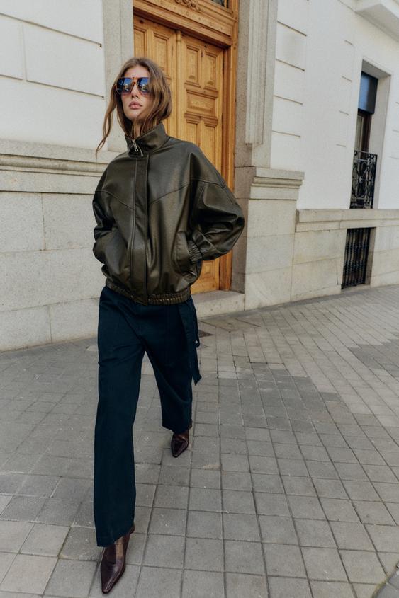 FAUX LEATHER HIGH COLLAR BOMBER JACKET