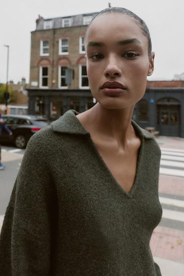 SOFT-TOUCH KNIT POLO JUMPER - Green marl by Zara