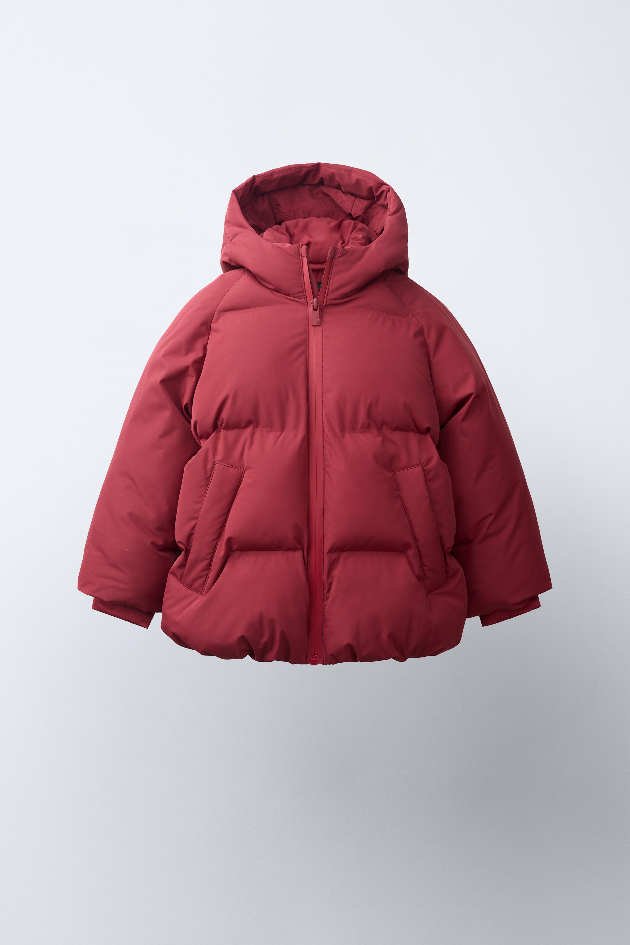 WATER REPELLENT HOODED PUFFER COAT — Dark red