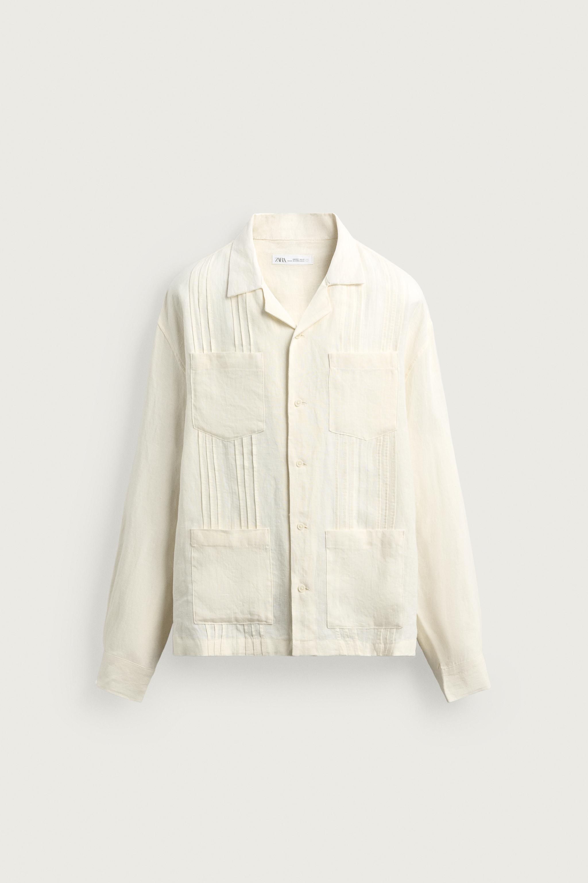 RELAXED FIT 100% LINEN PLEATED SHIRT — Ecru