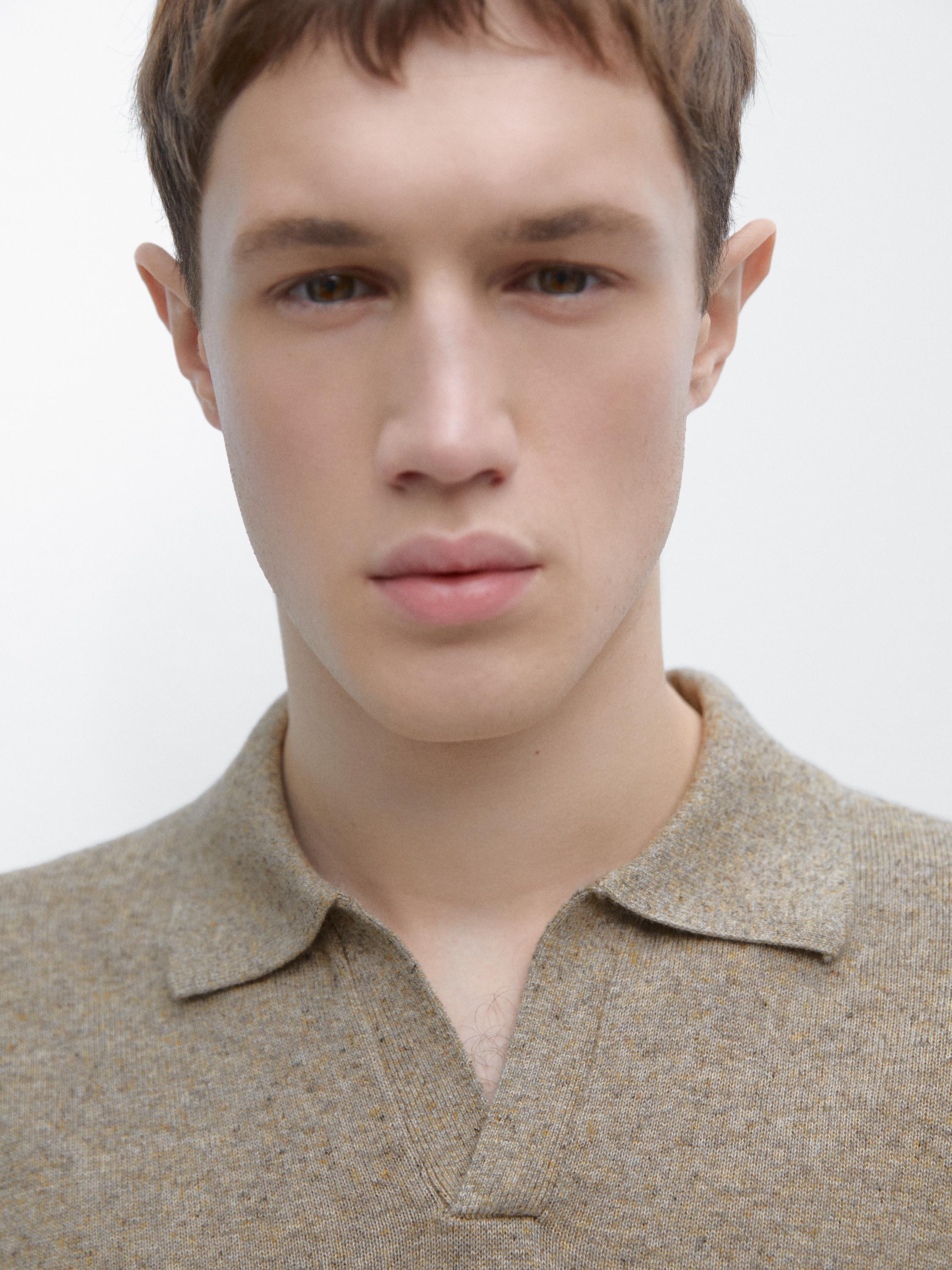 Cotton blend knit polo collar sweater