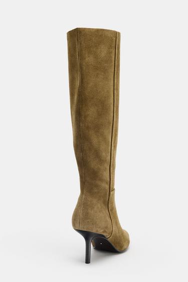 SPLIT SUEDE STILETTO HEEL BOOTS - Olive Green by Zara - Image 4