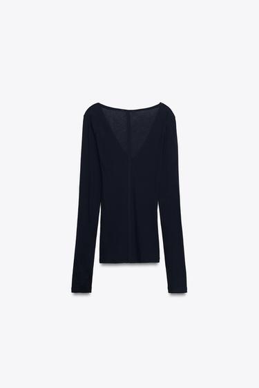 T-SHIRT DÉCOLLETÉ EN V - Bleu marine de Zara - Image 3