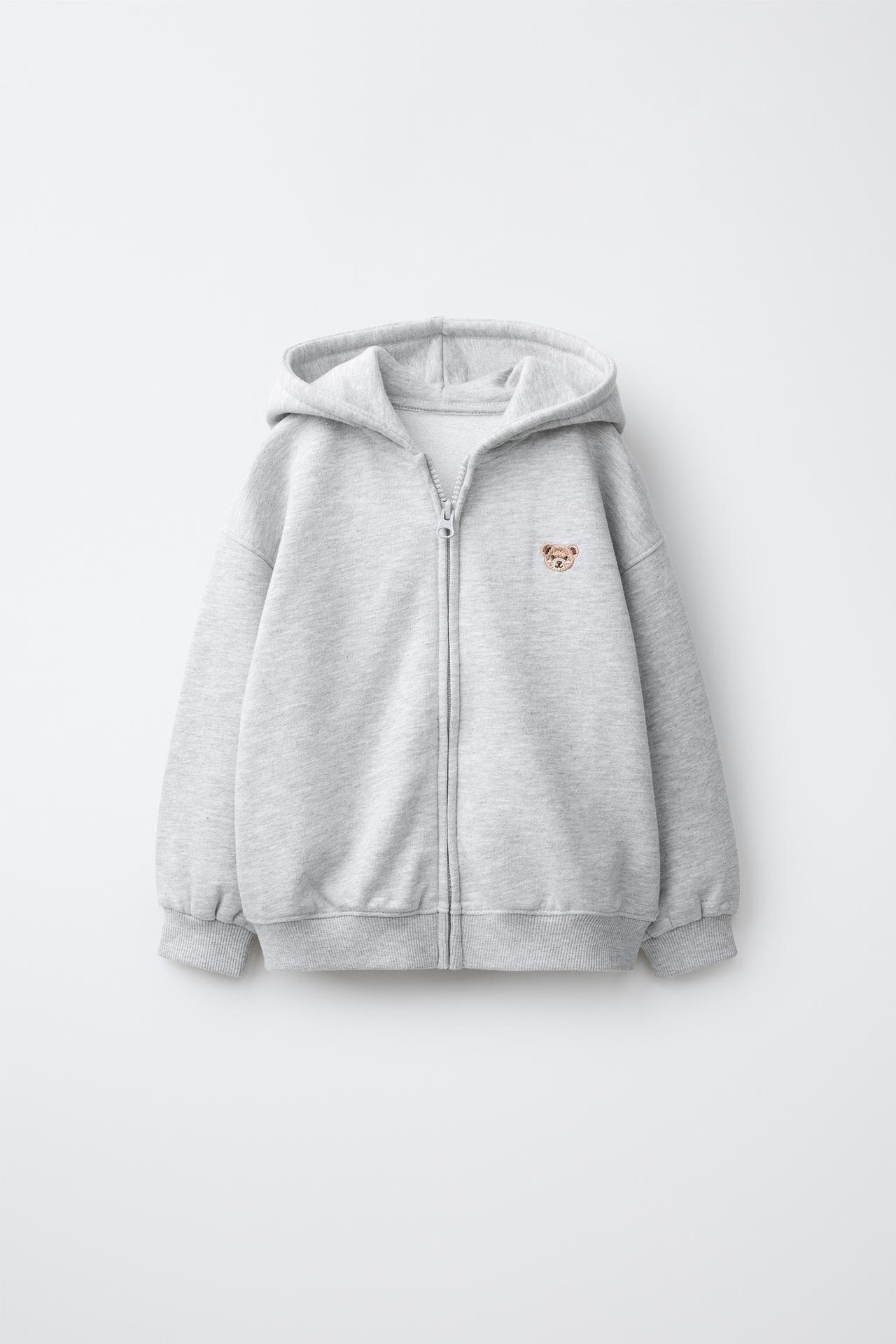 EMBROIDERED BEAR ZIP-UP SWEATSHIRT — Gray marl