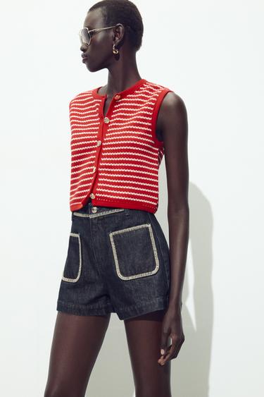 TOP GILET JACQUARD BOUTONS - Blanc / Rouge de Zara - Image 1