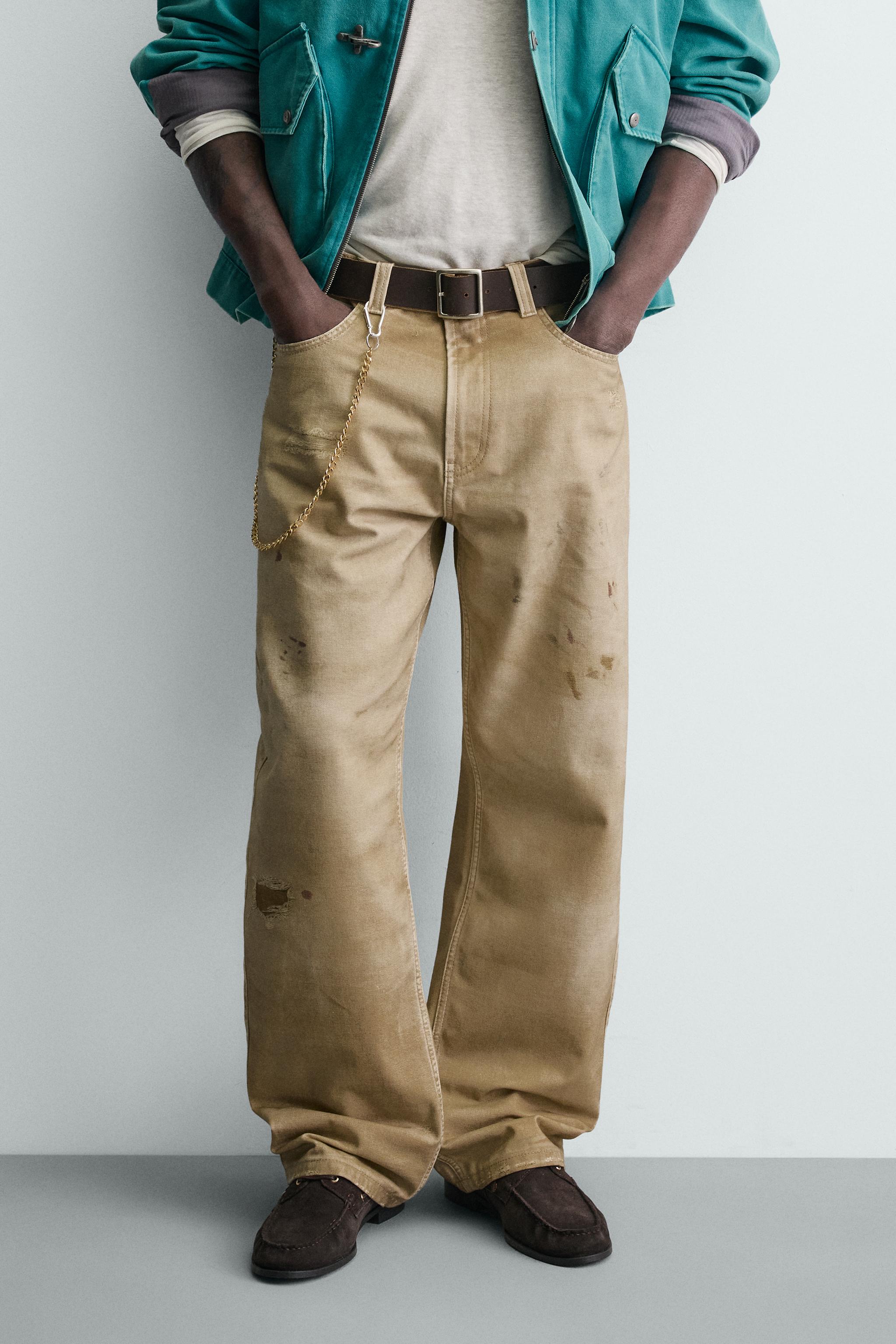 WASHED PRINT STRAIGHT FIT PANTS — taupe brown