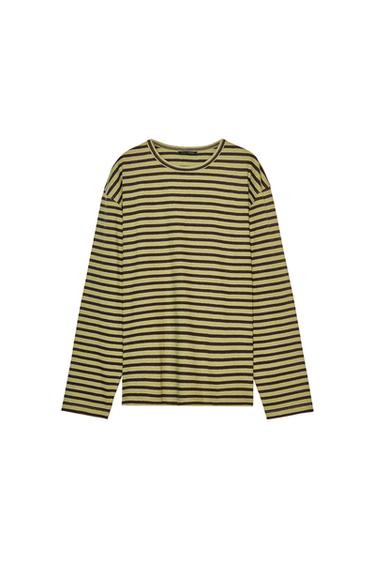 Zara STRIPED COTTON AND LINEN T-SHIRT - Green stripe