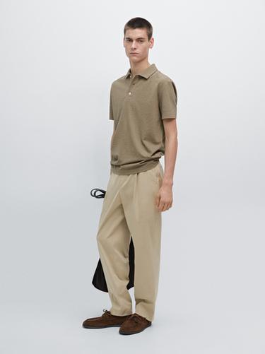 Zara 100% cotton melange short sleeve polo shirt - Light khaki - Image 0
