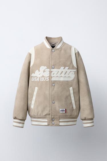 FAUX SUEDE TEXT BOMBER JACKET - Stone by Zara