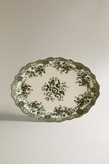 Zara FLORAL EARTHENWARE SERVING DISH - Dark olive