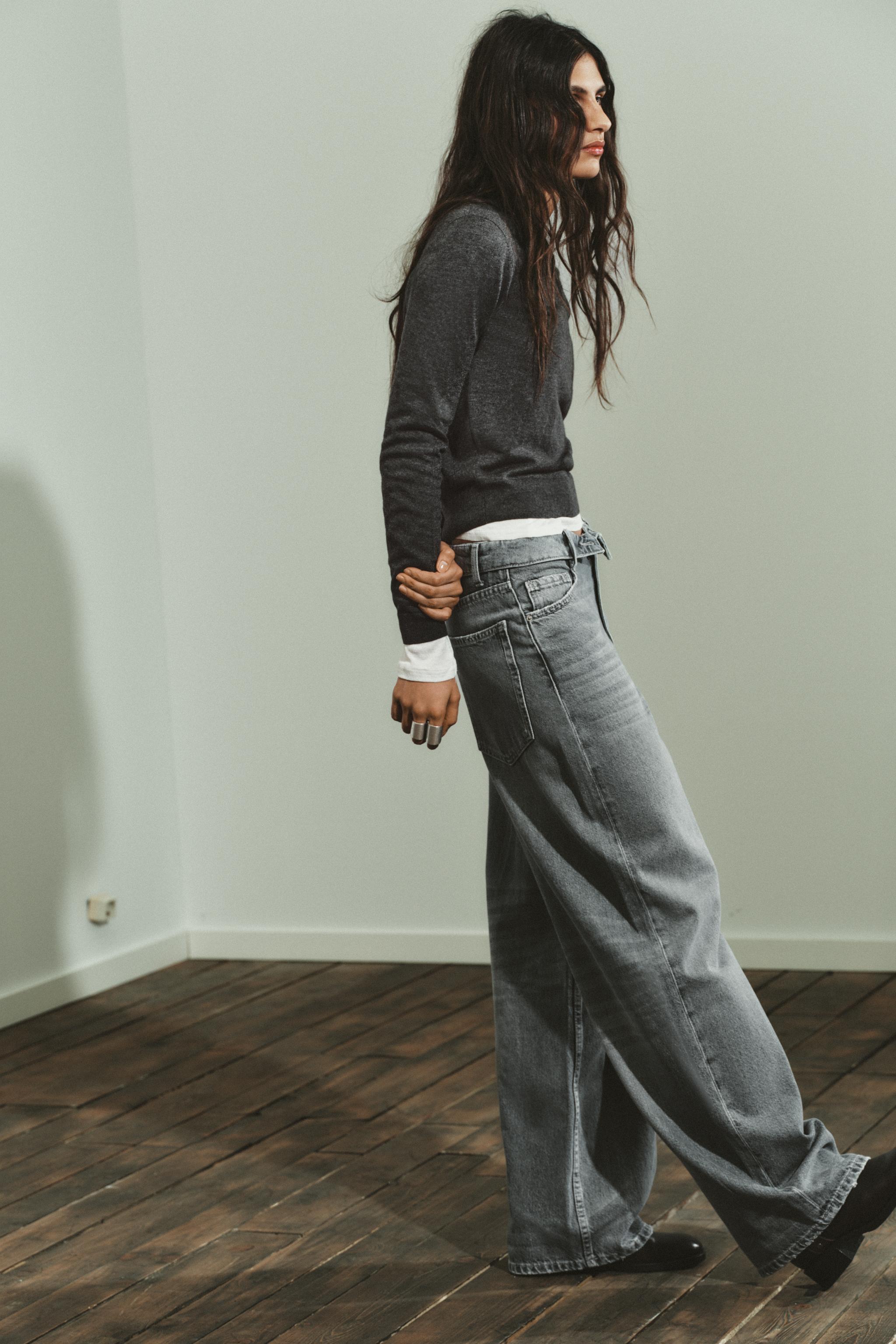 ミッドライズ折り返しウエストデニムパンツ TRF - グレー | ZARA Japan