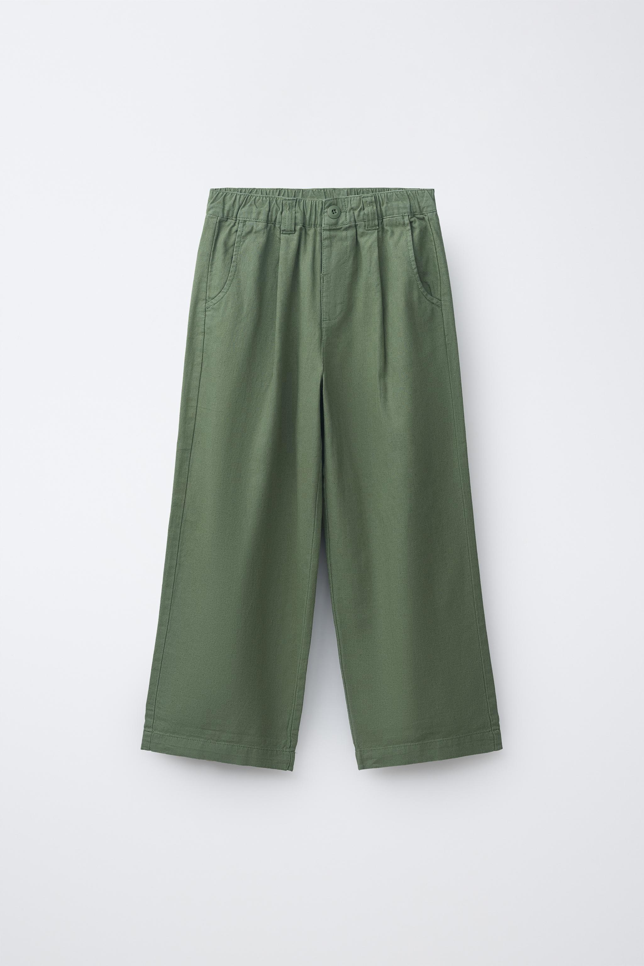 COTTON LINEN STRAIGHT TROUSERS — Green