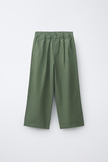 PANTALON DROIT EN COTON ET LIN - Vert de Zara