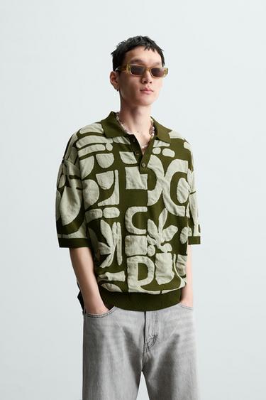Zara CONTRAST JACQUARD KNIT POLO SHIRT - Greens