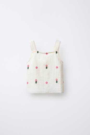 EMBROIDERED FLORAL TOP - Ecru by Zara - Image 0