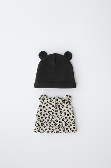 PACK DOS GORROS WAFFLE OREJITAS ANIMAL PRINT - Crudo de Zara