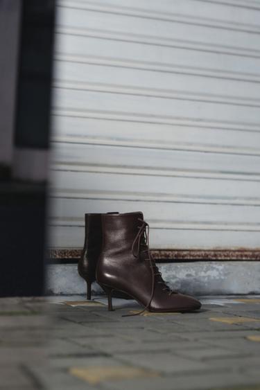 Zara 真皮細跟踝靴 - 棕色