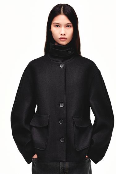 Zara 短版羊毛高領大衣 - 黑色