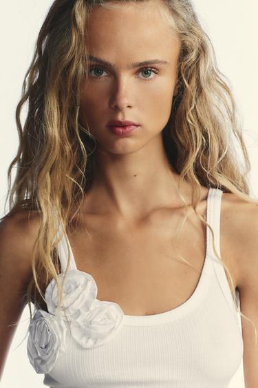 TOP CÔTELÉ FLEURS - Blanc de Zara - Image 3