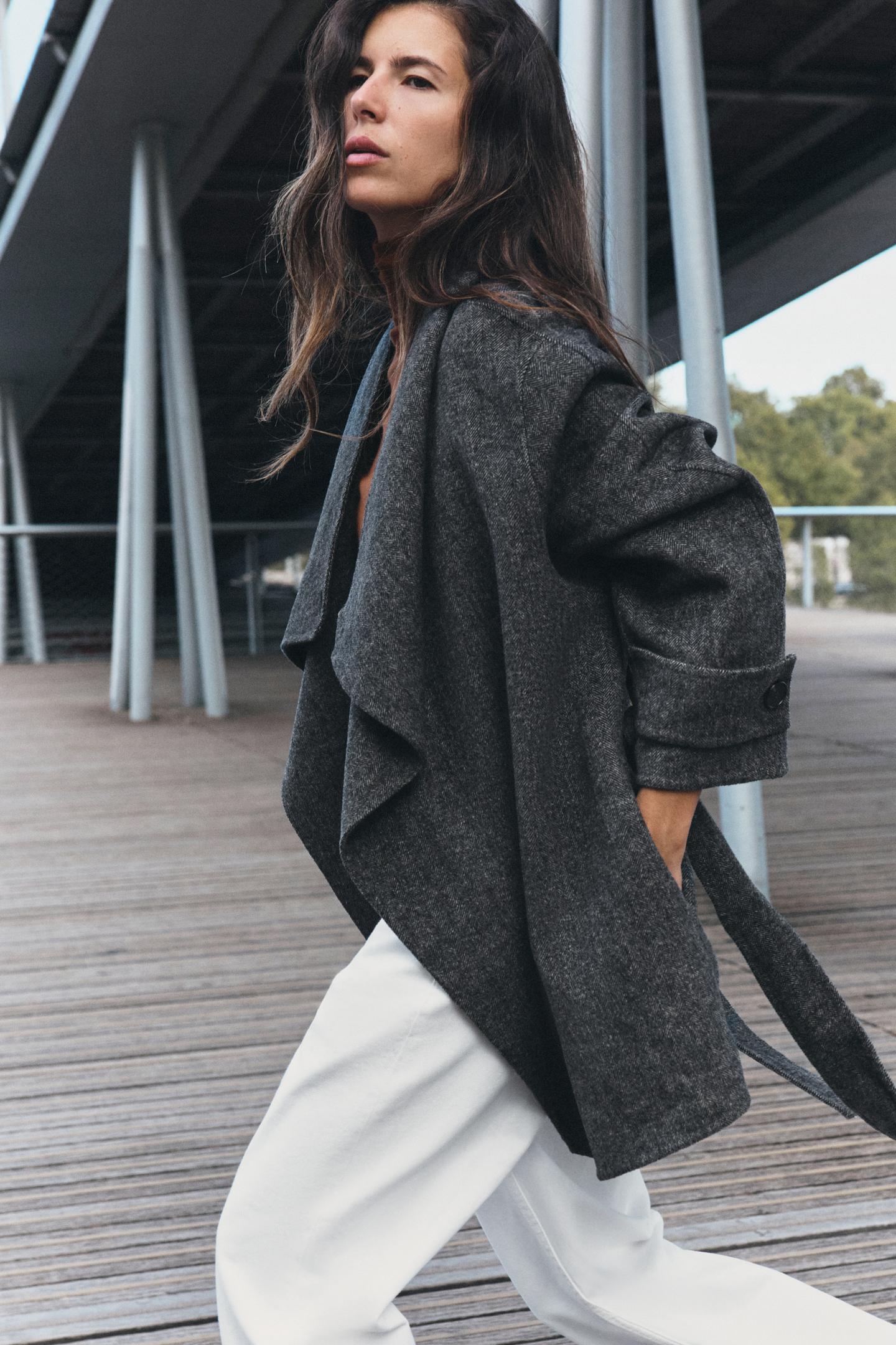 Женское пальто Zara Wool-Blend Belted Double-Breasted, цвет: Серый — фото 3