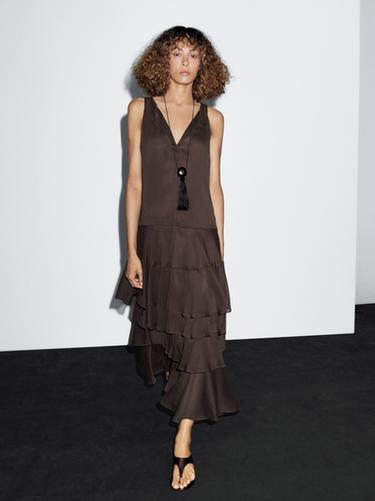 Zara Long flowing dress with ruffles - Chocolate