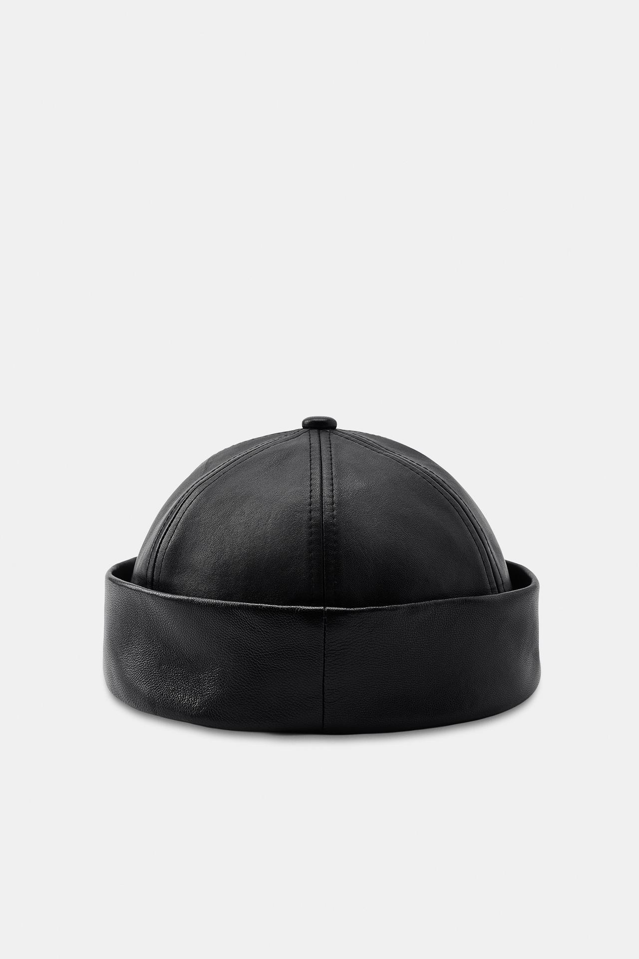100% LEATHER HAT WITH TURNED-UP HEM — Black