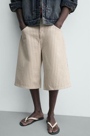 RELAXED FIT PINSTRIPE JORTS - Ecru by Zara