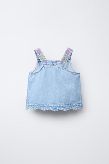 DENIM TOP WITH EMBROIDERED FLOWERS - Light blue by Zara - Image 1
