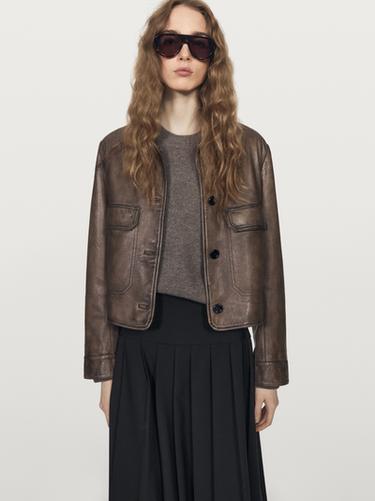 Zara Nappa leather jacket with fur skin collar - Brown