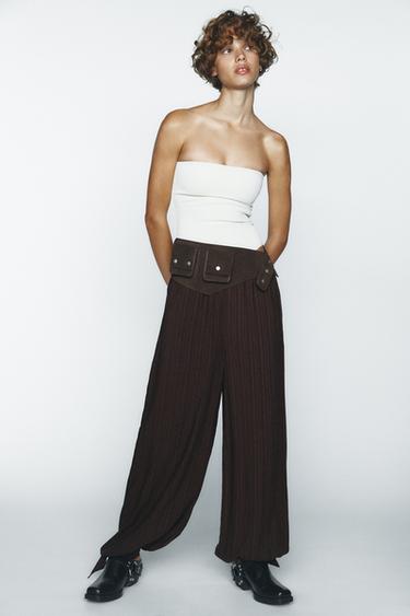 Zara STRIPED BALLOON PANTS - Dark brown
