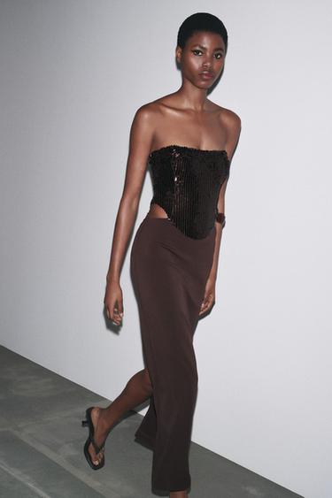 VESTIDO COMBINADO LENTEJUELAS CUT OUT - Marrón de Zara