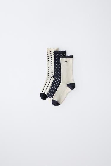 Zara THREE-PACK OF HEART AND POLKA DOT SOCKS - Ecru / Black