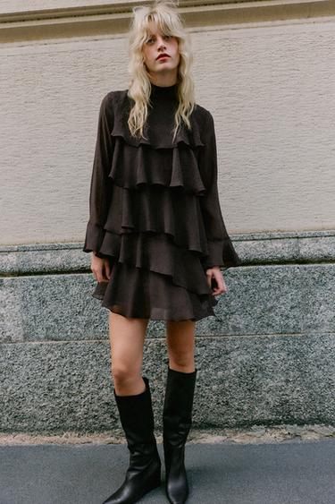 Zara MINI RUFLE DRESS - Brown