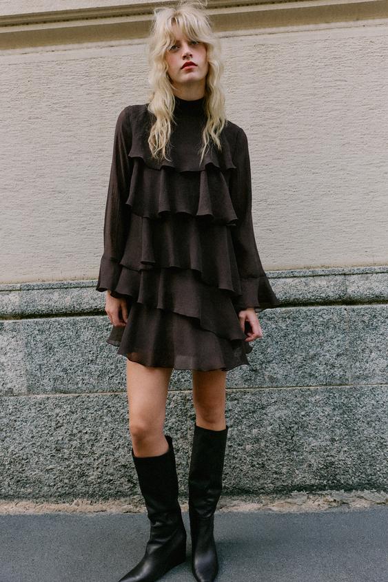 Zara MINI RUFLE DRESS - Brown - Image 0