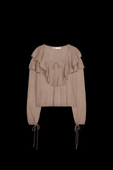 RUFFLED KNIT TOP - Brown / Taupe by Zara - Image 0