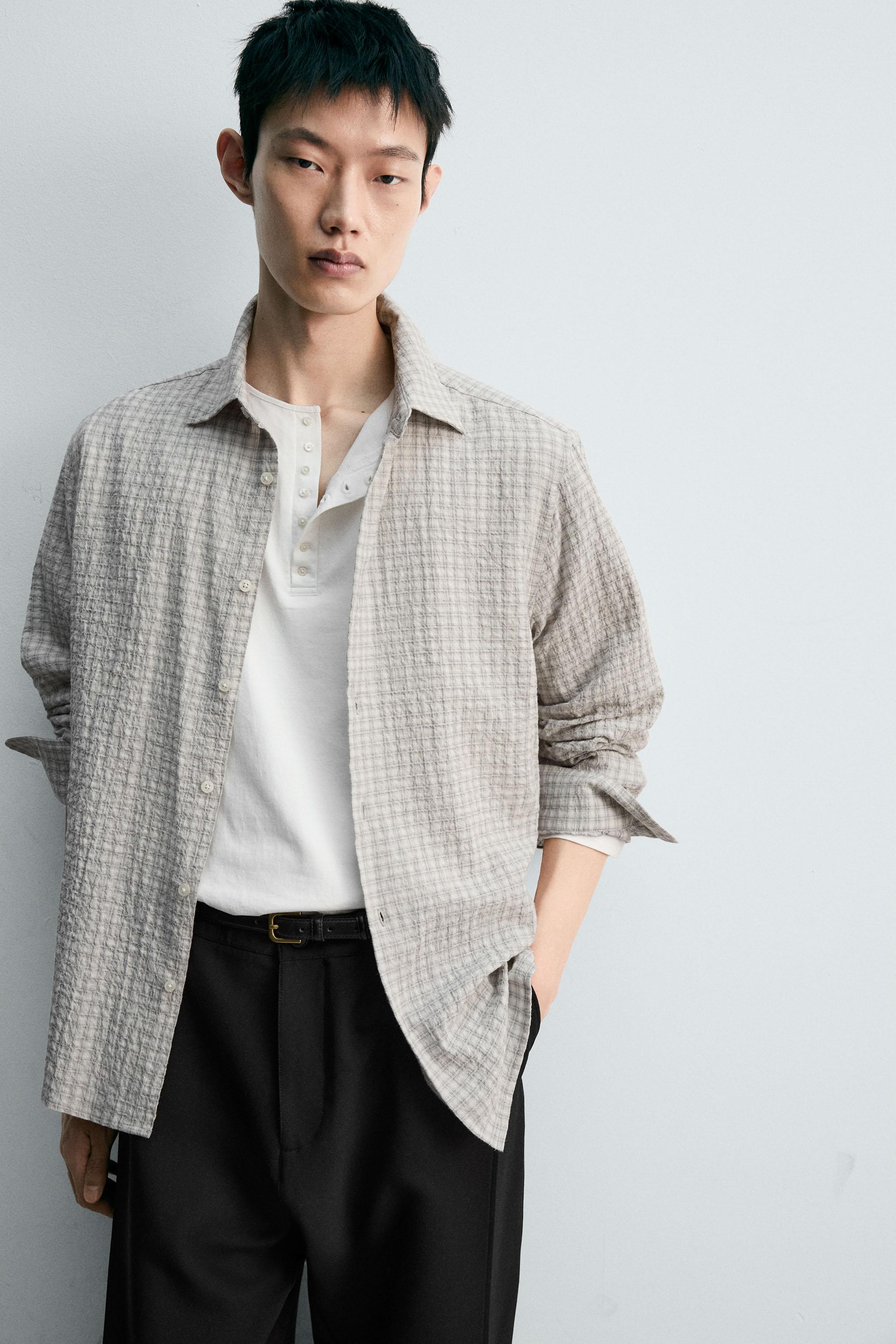 チェック柄テクスチャーシャツ - グレー | ZARA Japan / 日本