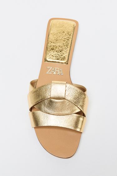 Zara LEATHER CROSS-STRAP FLAT SANDALS - Gold